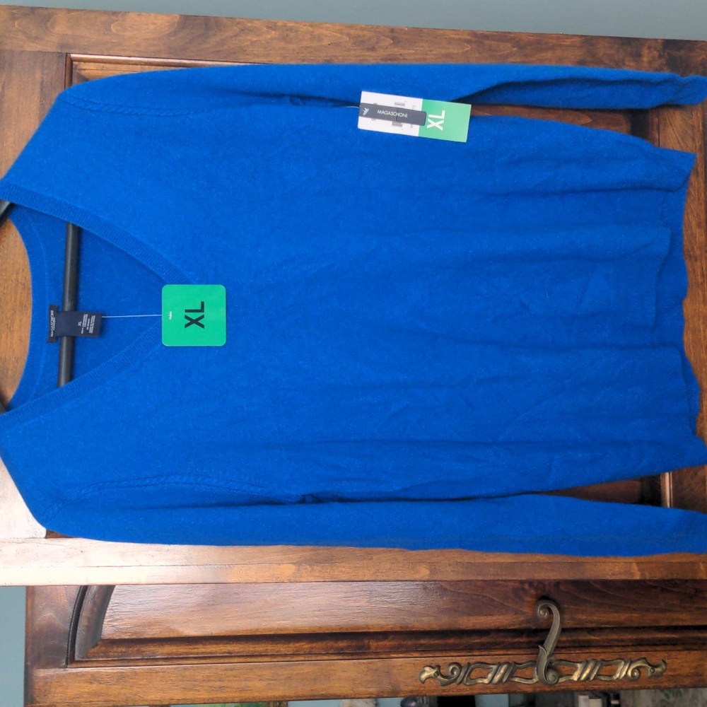 NWT Magaschoni Men's Royal  Blue V-Neck Sweater, 100% Cashmere, XL